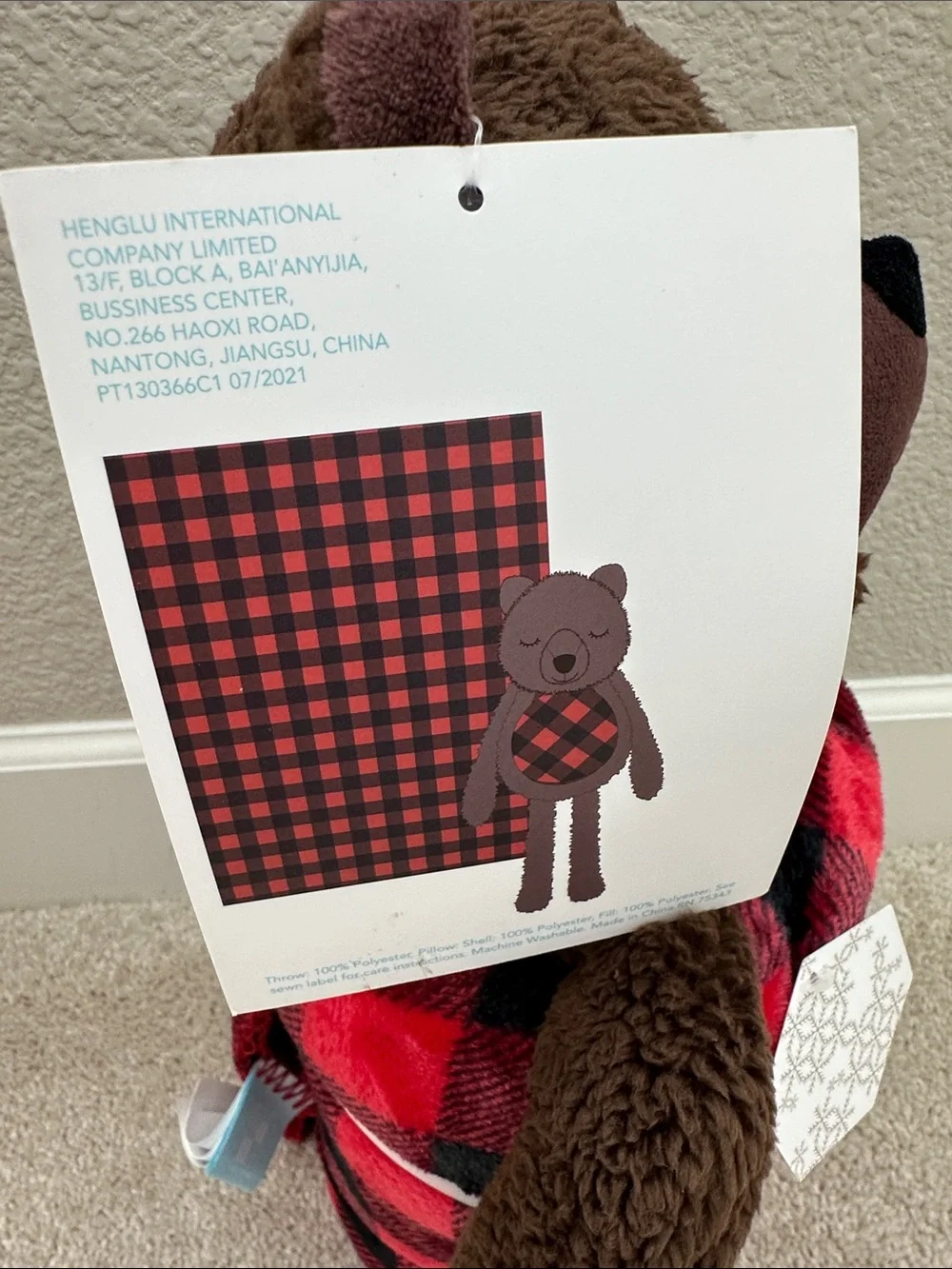 NWT Brown Bear Plush with Red and Black Buffalo Plaid Throw